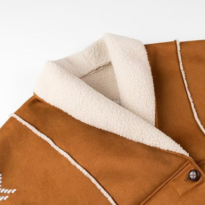 Damen Teddyjacke Warm mit Stickereien Braun