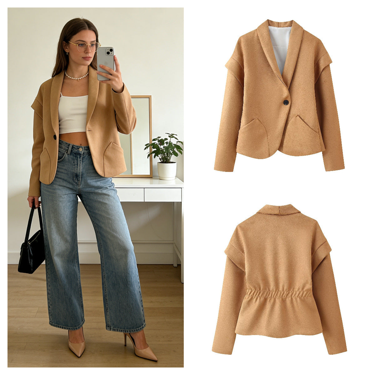 Damen Blazerjacke Elegant Mit Taschen Schwarzer Schnitt - Eveloria