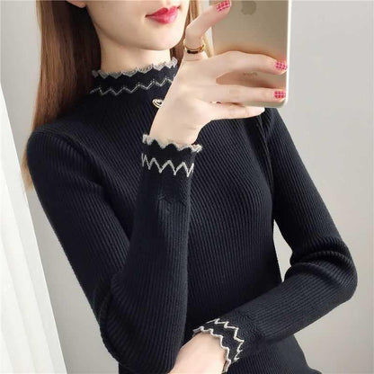 Damen Strickpullover Stehkragen Wellenmuster Eveloria