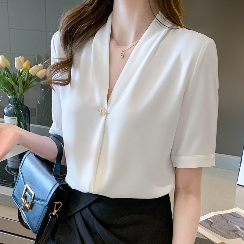Damen Bluse V-Ausschnitt Pin-Verschluss Elegantes Design - Eveloria