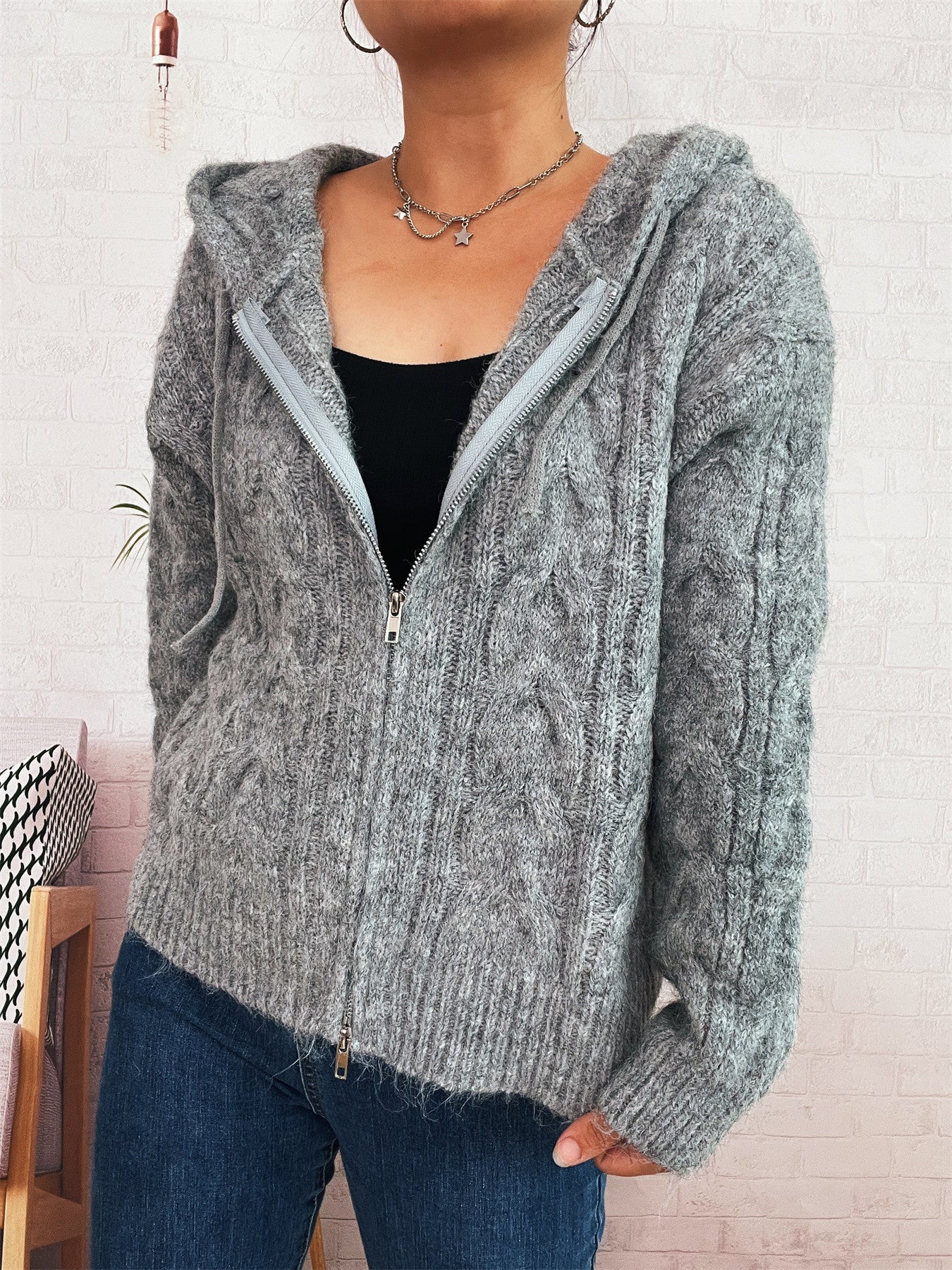 Damen Zip-Hoodie Gestreift Weich Kapuze Eveloria