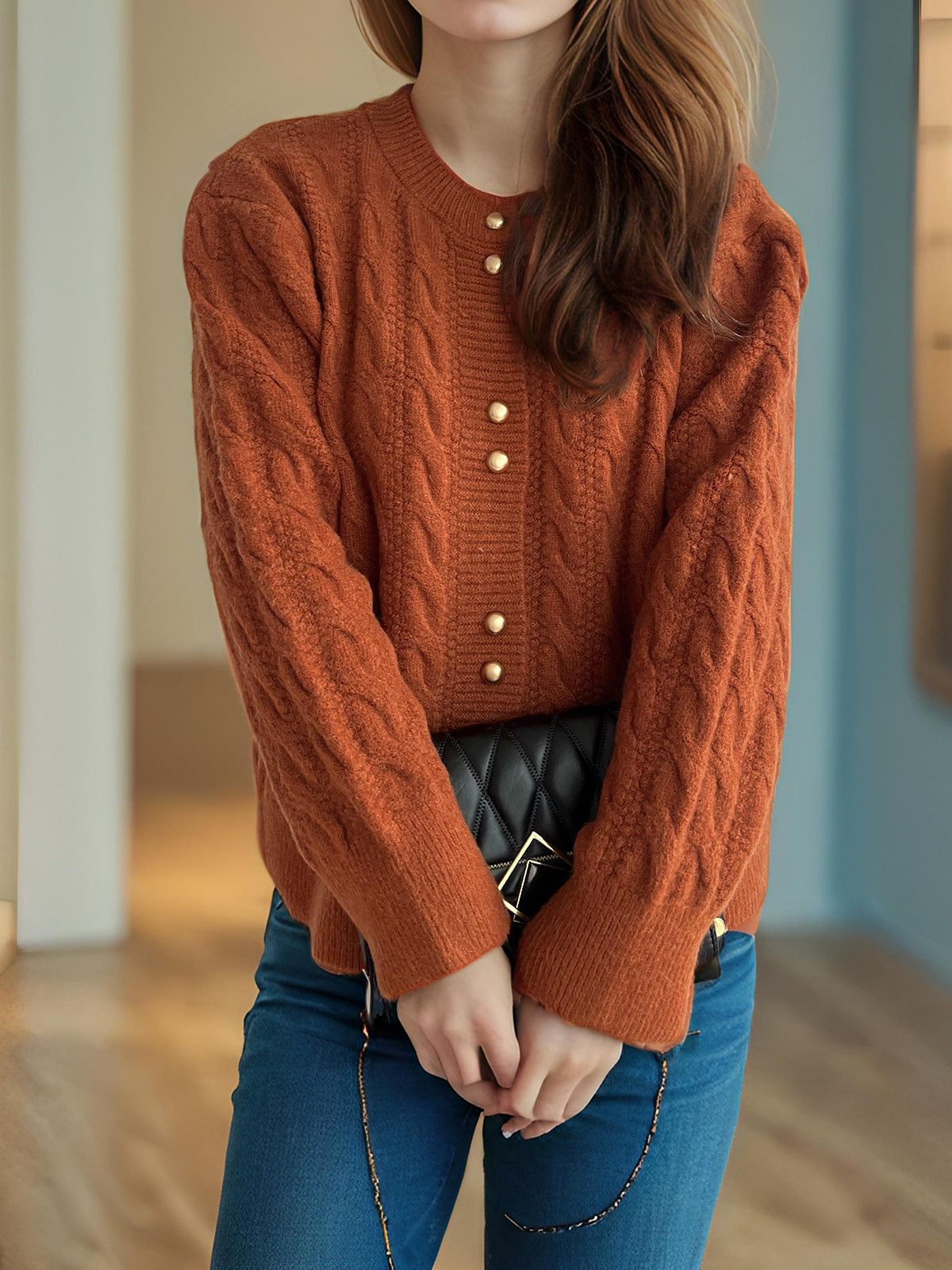 Damen Grobstrickjacke Kabelmuster Dekorative Knöpfe