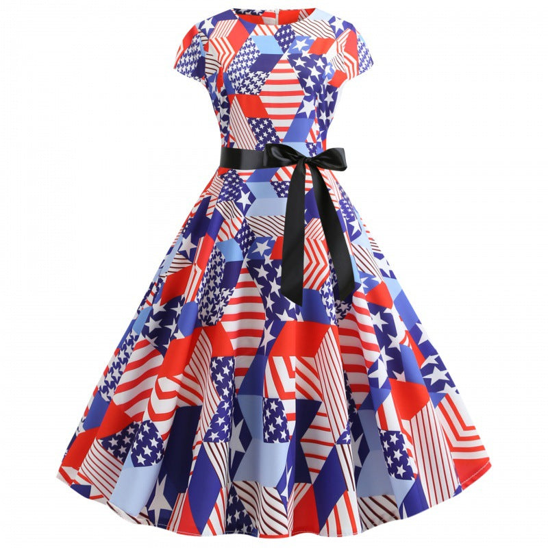 Damen Midikleid Flaggenmuster Elegantes Taillenkleid Bunt
