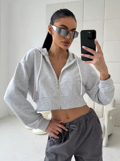 Damen Cropped Hoodie Sportlich mit Kängurutasche und weiten Ärmeln