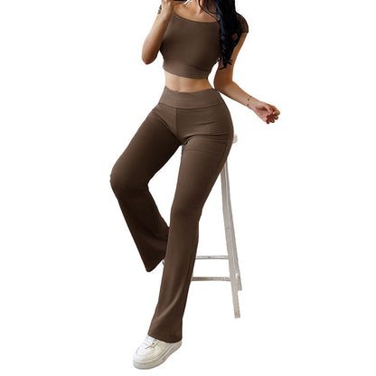 Damen Sportliches Zweiteiler-Set Off-Shoulder-Oberteil Schlaghosen