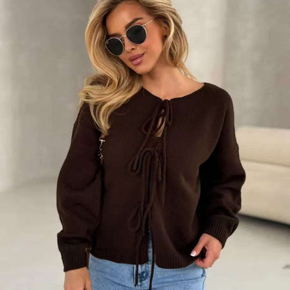 Damen Strickpullover Lässig Dekorative Schnürung Weit Eveloria