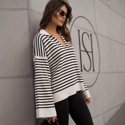 Damen Strickpullover Gestreift Gemütlich Eveloria - Eveloria