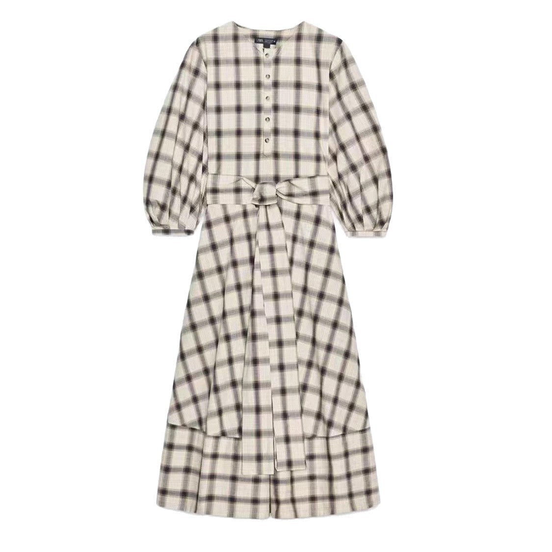 Damen Maxikleid Kariert Mit Taillengürtel -Weiß