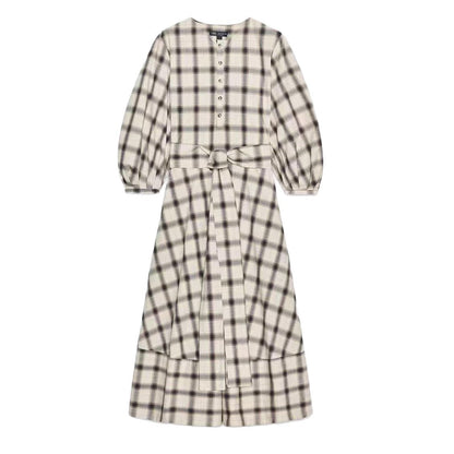 Damen Maxikleid Kariert Mit Taillengürtel -Weiß