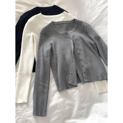 Damen Rippstrickcardigan Langärmlig Knopfverschluss Beige