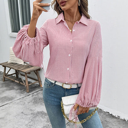 Damen Bluse Voluminöse Ärmel Streifenmuster Eveloria