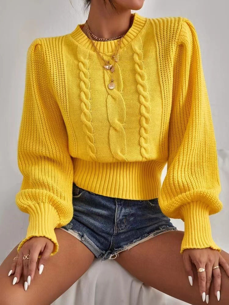 Damen Grobstrickpullover Voluminöse Ärmel Zopfmuster Eveloria