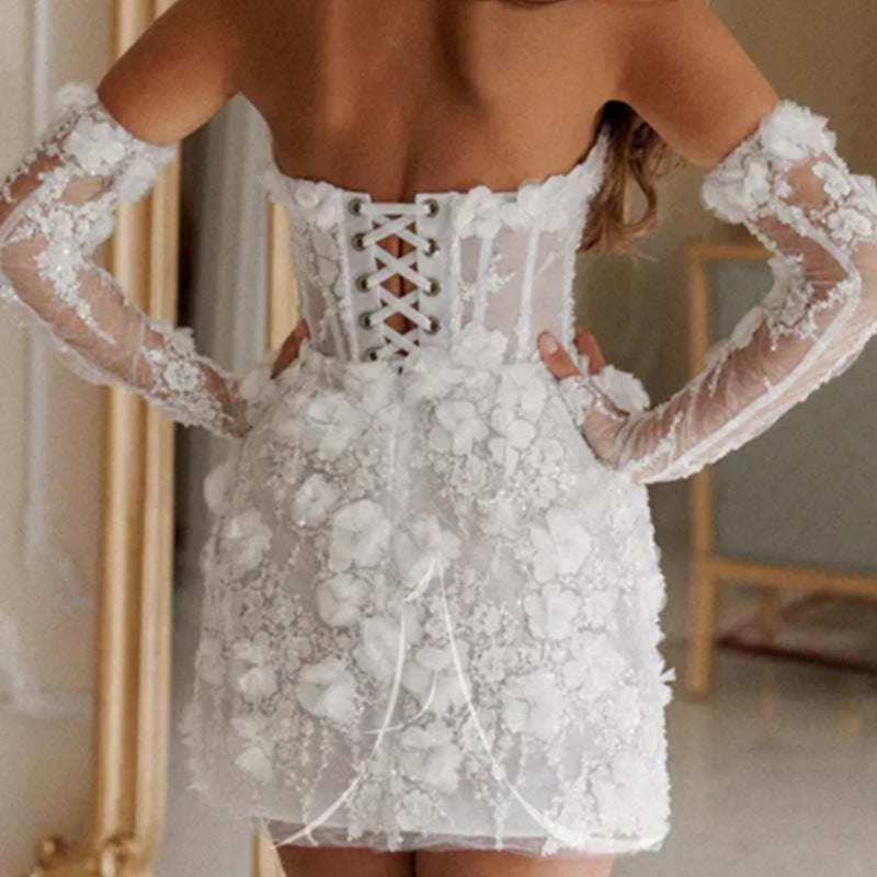 Damen Hochzeitskleid Florales Design Transparente Ärmel Weiße Eveloria