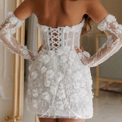 Damen Hochzeitskleid Florales Design Transparente Ärmel Weiße Eveloria
