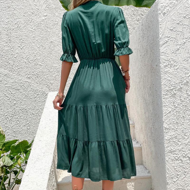Damen Midi-Kleid mit Krawatte und Rüschensäumen