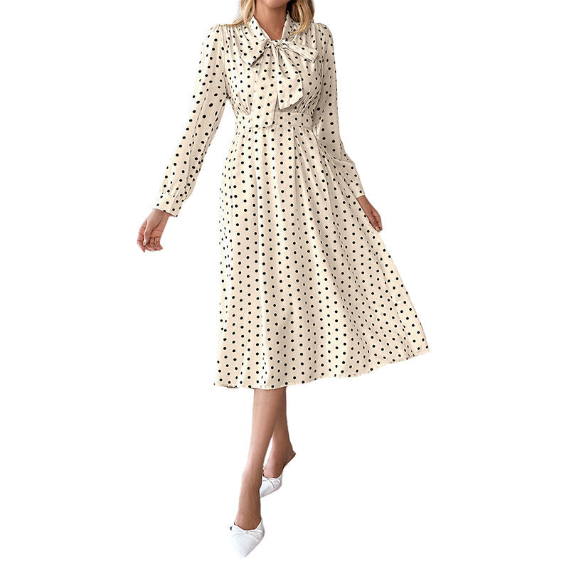 Damen Midi-Kleid Polka-Dot Bindekragen Langärmlig Eveloria