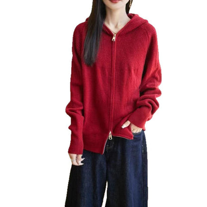 Damen Strickjacke Kapuze Reißverschluss Eveloria