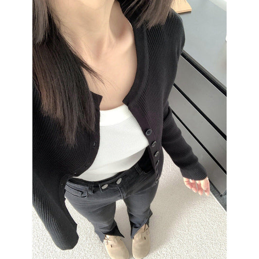 Damen Rippstrickcardigan Langärmlig Knopfverschluss Beige - Eveloria