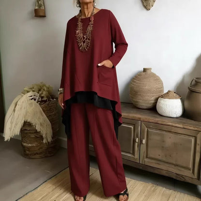 Damen Ensemble Asymmetrisches Oberteil Weite Hose Eveloria