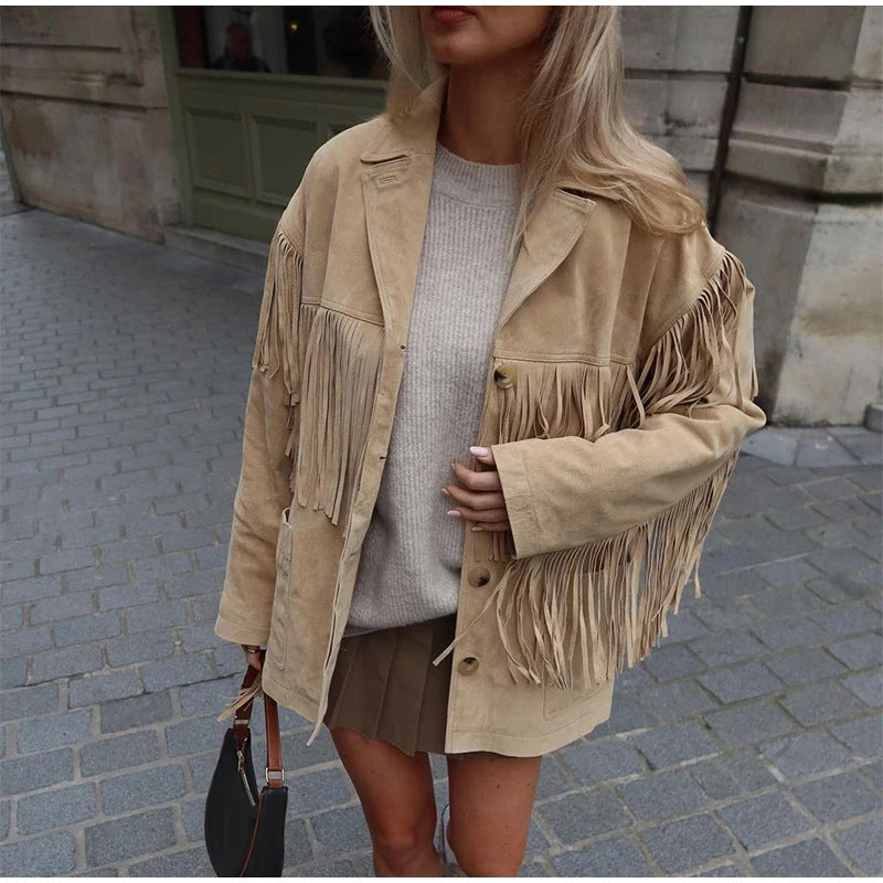 Damen Wildlederjacke Modisch Mit Fransen Eveloria
