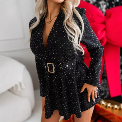 Damen Hemdblusenkleid mit Gürtel Punkte-Muster Eveloria