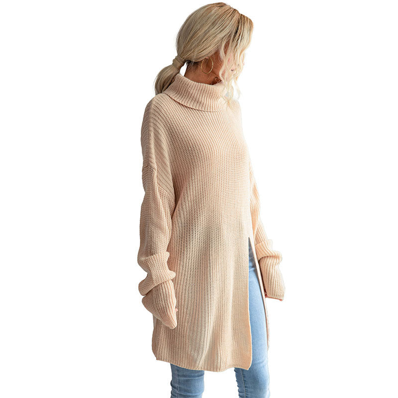 Damen Strickpullover Hochkragen Dekorativer Taillengürtel