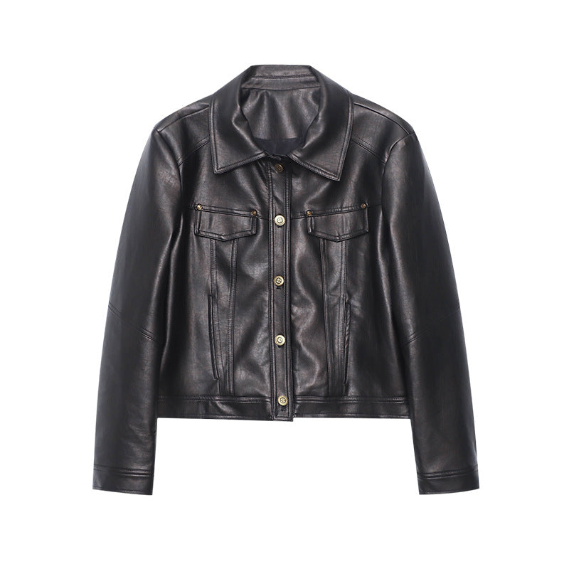 Damen Lederjacke Biker-Stil Kunstleder Doppelkragen