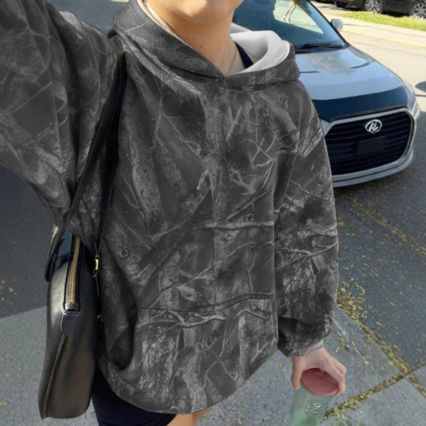 Damen Kapuzenpullover Camouflage Muster Grau
