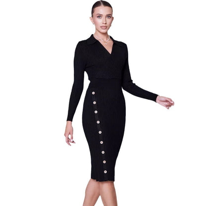 Damen Strickkleid mit Knöpfen V-Ausschnitt Elegantes Design