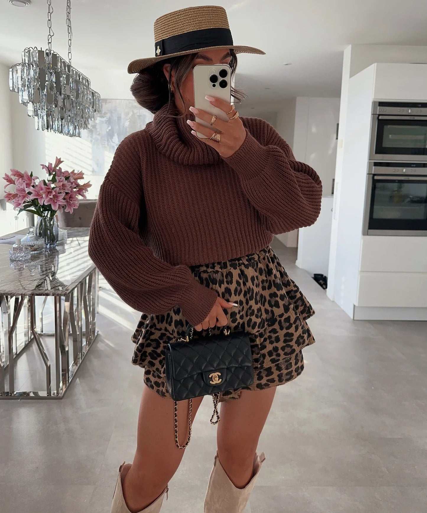 Damen Grobstrickpullover Hochkragen Weitärmelig Eveloria