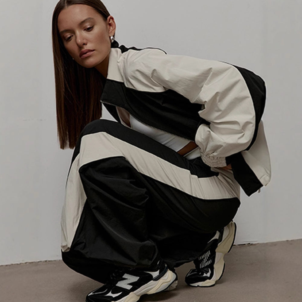 Damen Sportjacke Hochkragen Kontrastärmel