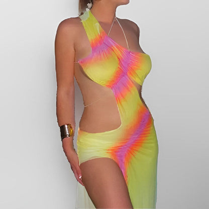 Damen Strandkleid Asymmetrisch Batik-Design Farbenfroh - Eveloria