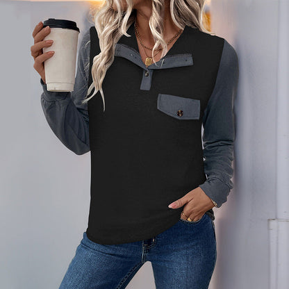 Damen Langarmshirt Kontrast-Einsätze Brusttasche Eveloria