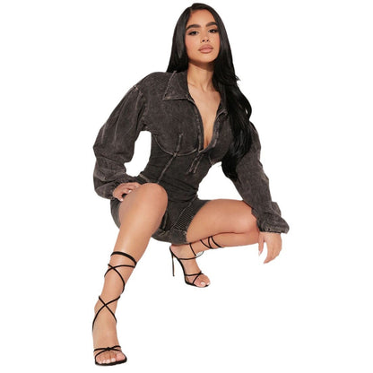 Damen Jumpsuit Puffärmel Rippstruktur Eveloria