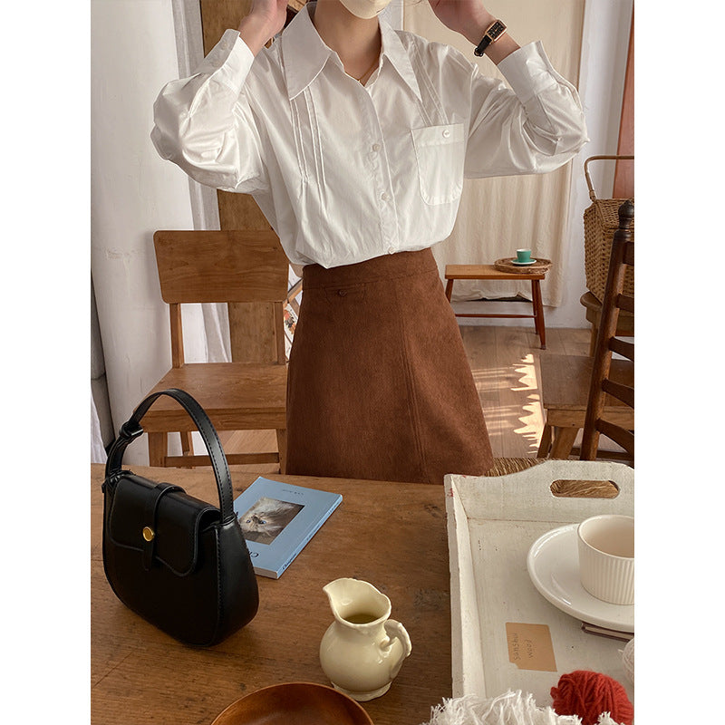 Damen Bluse Klassisch Falten Ärmel Weiß