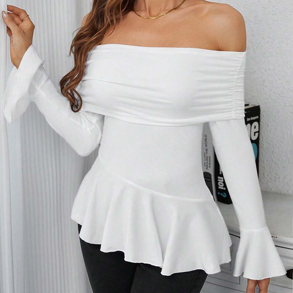 Damen Oberteil Off-Shoulder mit Volant und langen Ärmeln