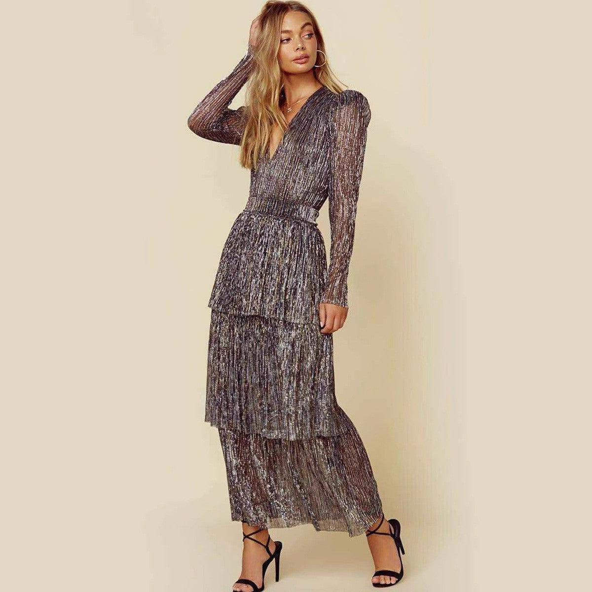 Damen Abendkleid Plissiert Schimmernd Langer Ärmel Eveloria