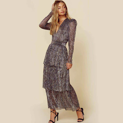 Damen Abendkleid Plissiert Schimmernd Langer Ärmel Eveloria