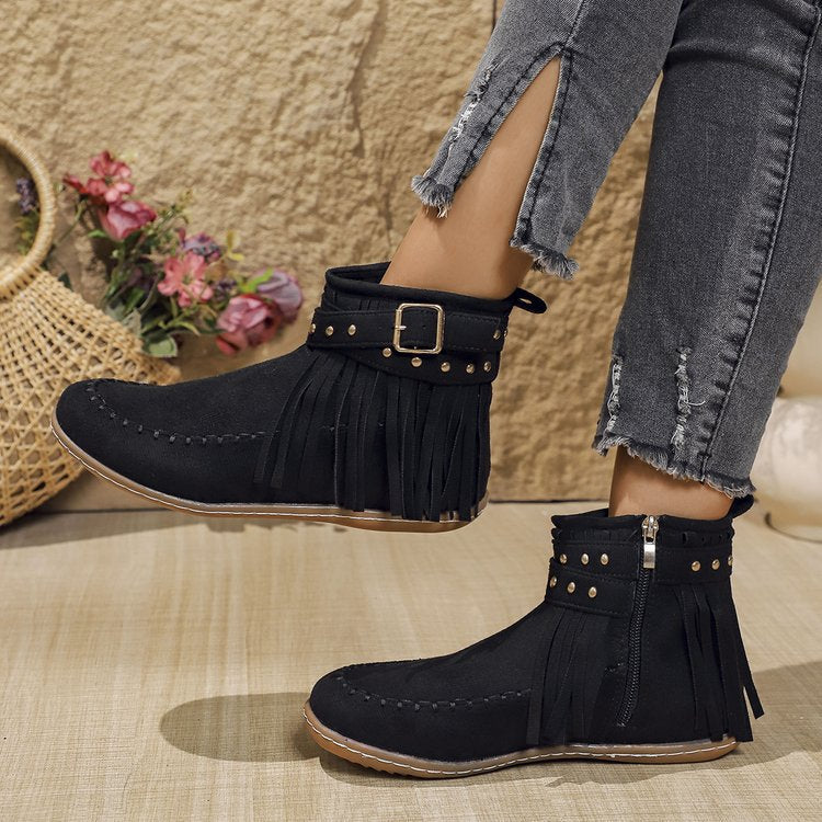 Damen Stiefeletten mit Fransen und Reißverschluss