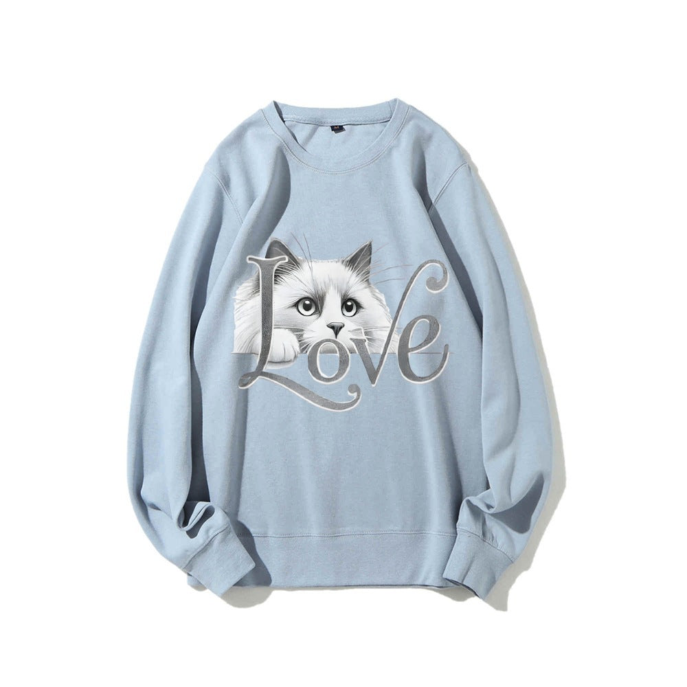 Damen Sweatshirt Katzenmotiv Lässig Grau Eveloria