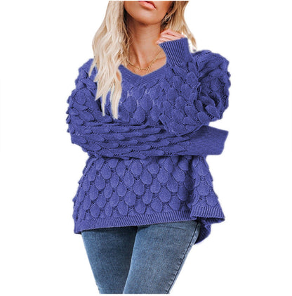 Damen Grobstrickpullover V-Ausschnitt Wellenmuster Eveloria