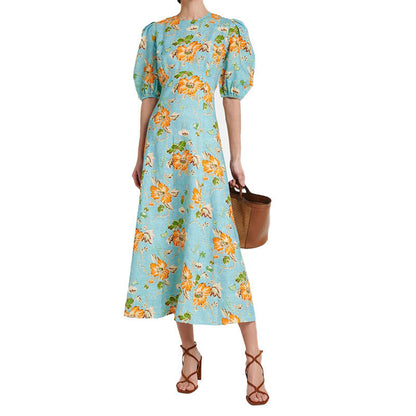 Damen Midikleid Voluminöse Puffärmel Florales Muster Eveloria