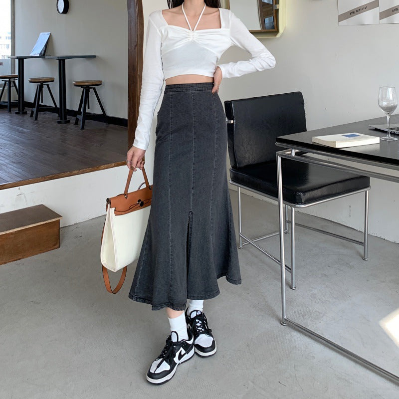 Damen Denim-Rock Flared mit hohem Schlitz Eveloria