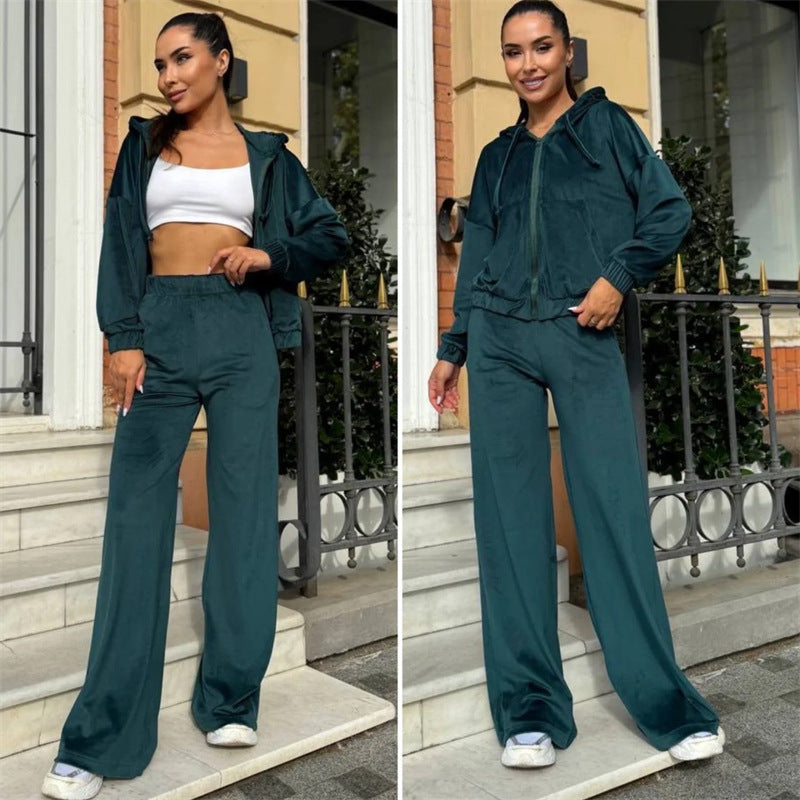 Damen Velours Jogginganzug Kapuze Komfort Schwarz Eveloria - Eveloria