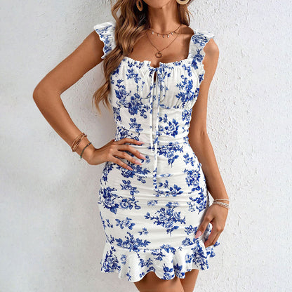 Damen Minikleid Floralmuster Rüschendetails - Eveloria