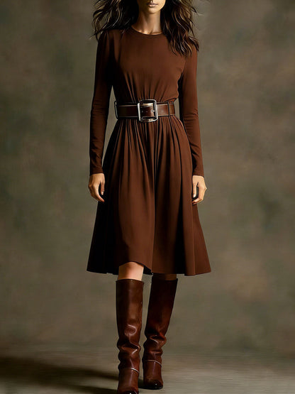 Damen Elegantes Kleid Langarm Taillengürtel Eveloria