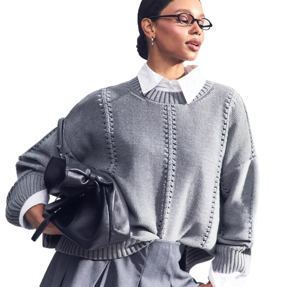 Damen Strickpullover Voluminöse Ärmel Dekoratives Lochmuster Eveloria