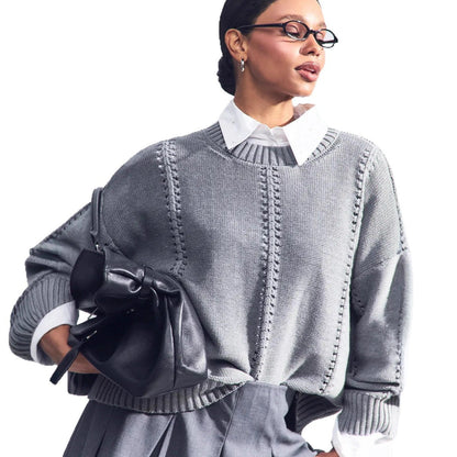 Damen Strickpullover Voluminöse Ärmel Dekoratives Lochmuster Eveloria