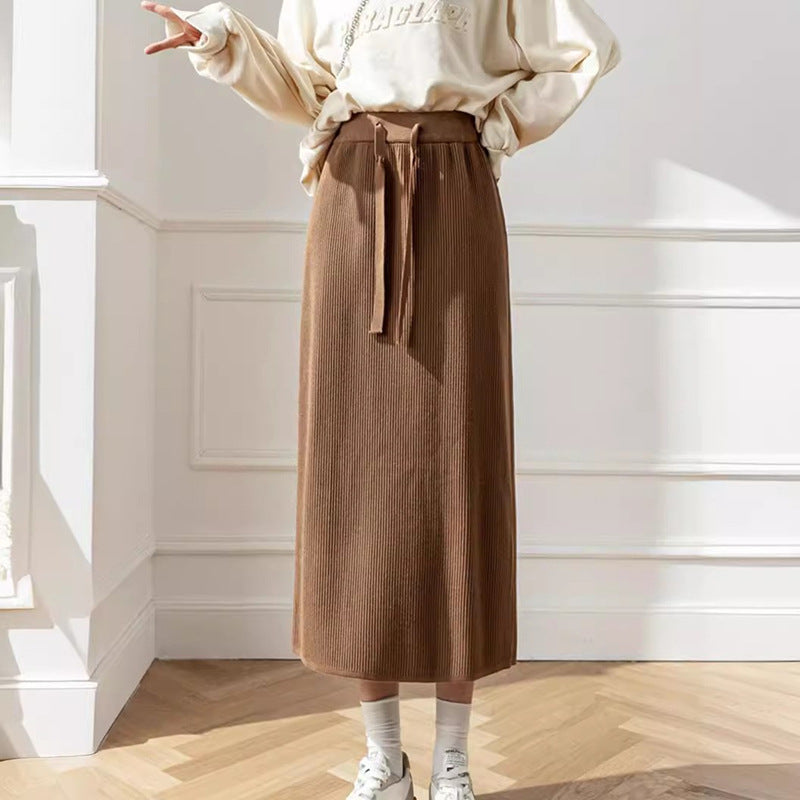 Damen Midi-Rock Elastischer Bund Taillierender Bindegürtel