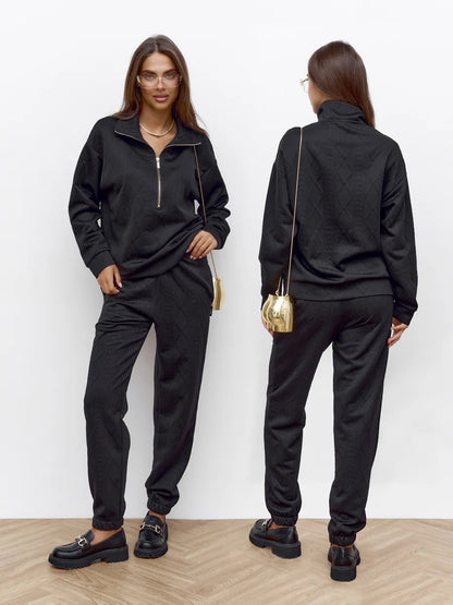 Damen Fleece-Loungewear-Set mit Reißverschluss Rippstruktur Eveloria